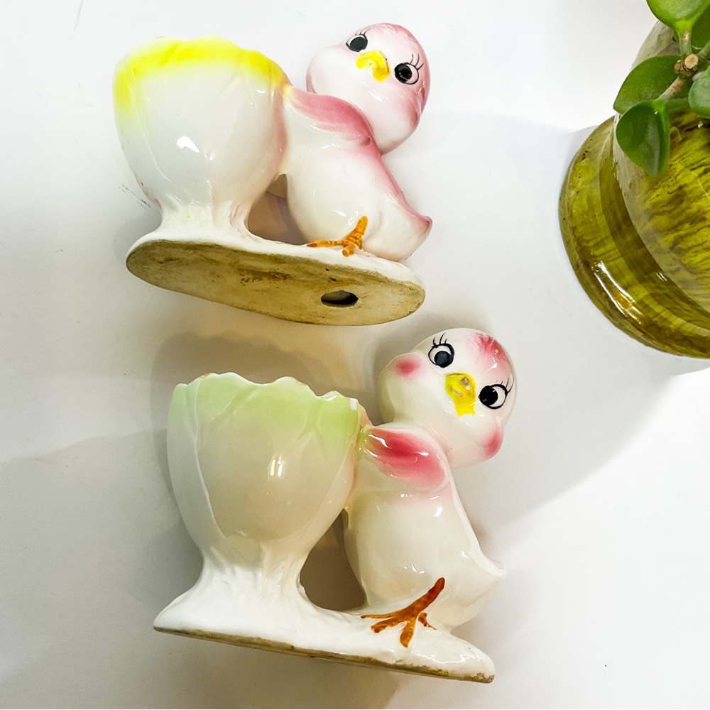VINTAGE Mid-Century Japanese Pink Duck Eggcup Set Ceramic Figurines - Picture 4 of 7